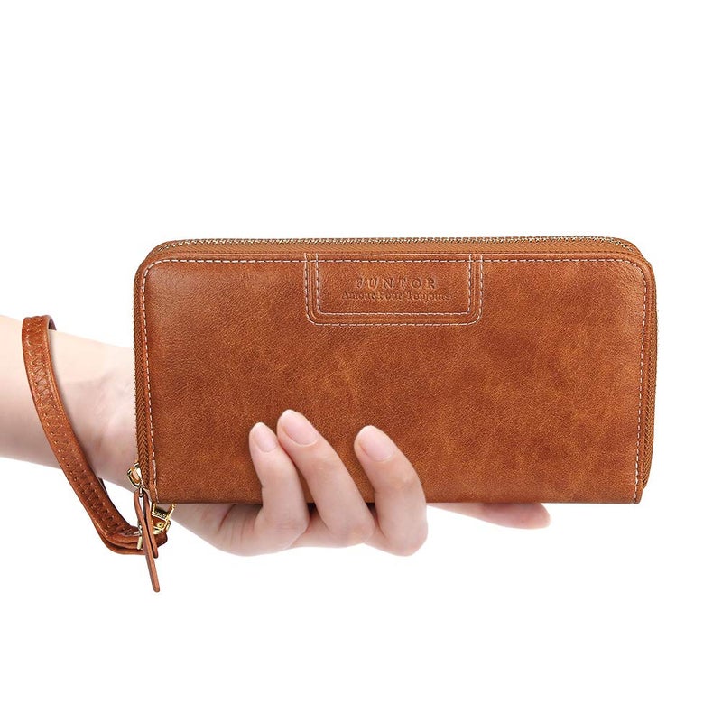 FT FUNTOR Wristlet Wallet for Women, Ladies Zip around Wallet PU Vegan Leather Clutch Long Purse Phone Card Holder Organizer Brown - Image 2